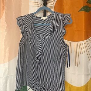 Monteau Black and White Striped Ruffle Blouse